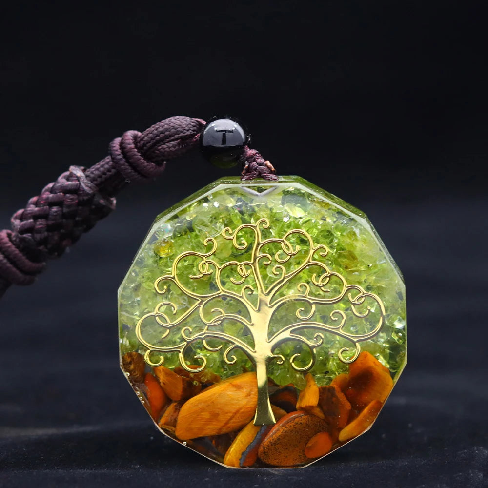 🌳 Spiritual Abacus Tree of Life Orgonite Pendant – Olivine & Tiger Eye Chakra Energy Necklace