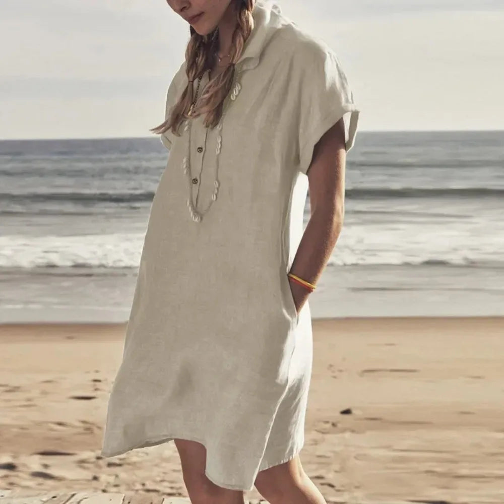 👗 Plus Size Cotton & Linen Summer Button Dress (L–5XL)
Short Sleeve • Lapel Collar • Solid Color • Loose Fit with Pockets