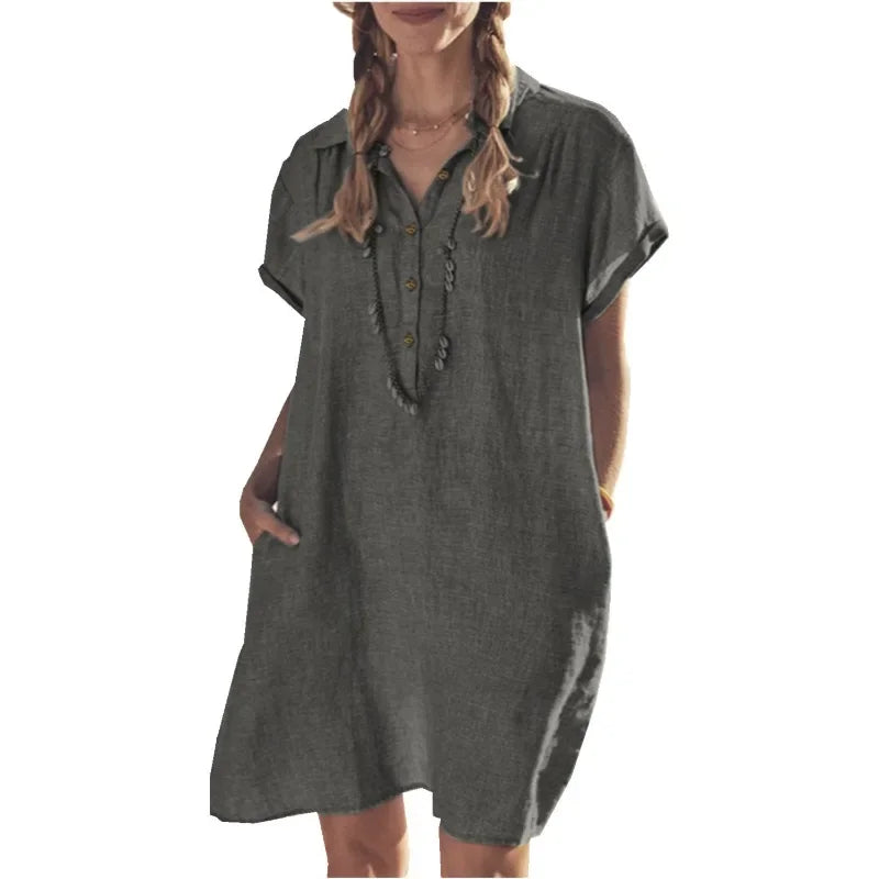 👗 Plus Size Cotton & Linen Summer Button Dress (L–5XL)
Short Sleeve • Lapel Collar • Solid Color • Loose Fit with Pockets
