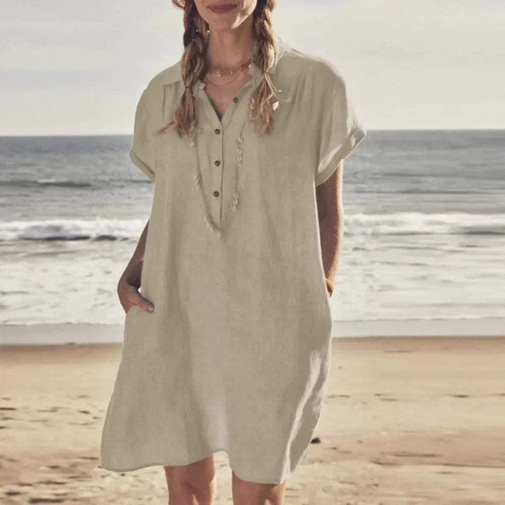 👗 Plus Size Cotton & Linen Summer Button Dress (L–5XL)
Short Sleeve • Lapel Collar • Solid Color • Loose Fit with Pockets