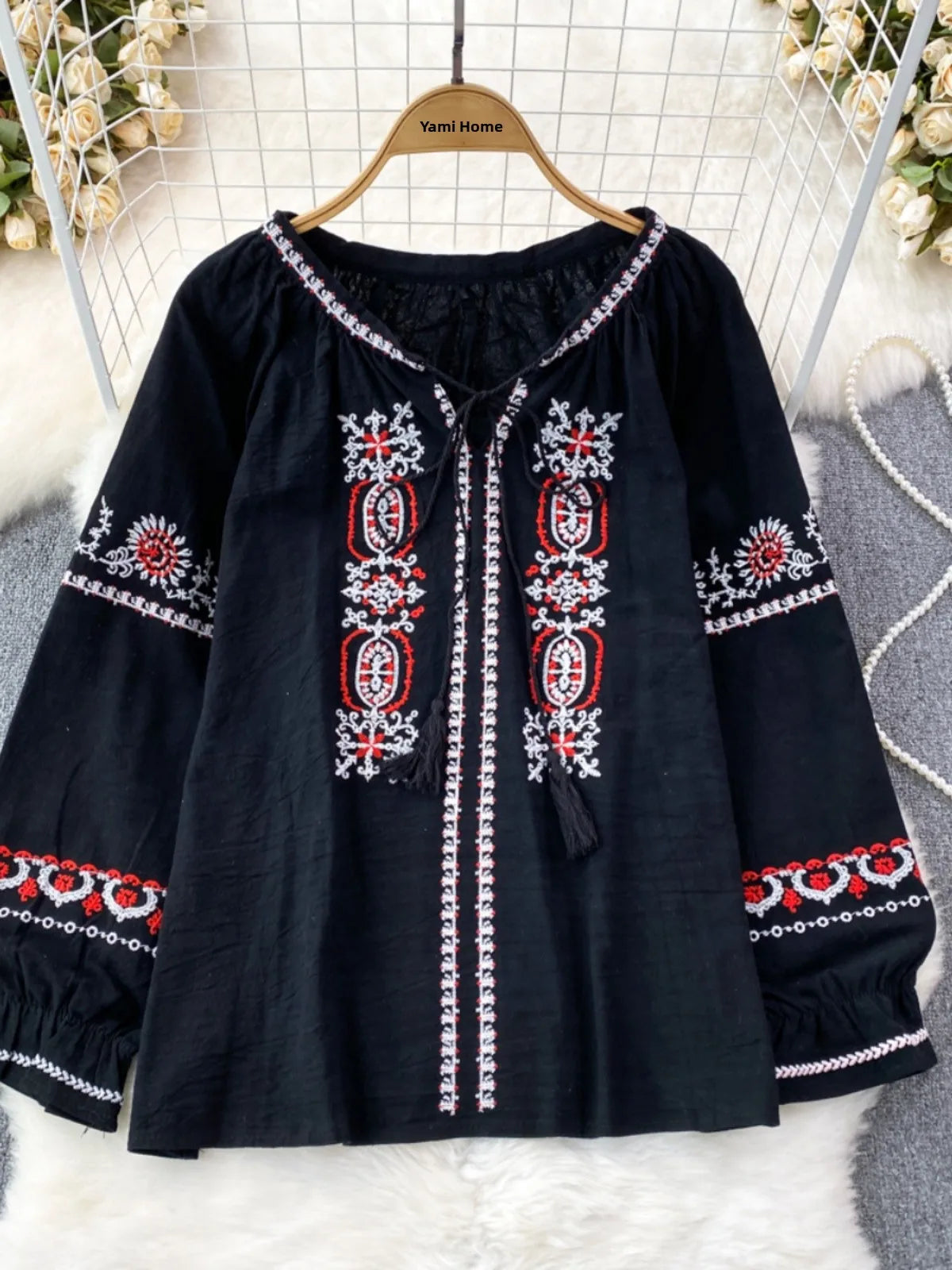 👚Spiritual Abacus – Retro Ethnic Embroidered Cotton Linen Top for Women - Loose Fit • Slimming Cut • Overhead Pullover Style • Spring & Autumn Comfort