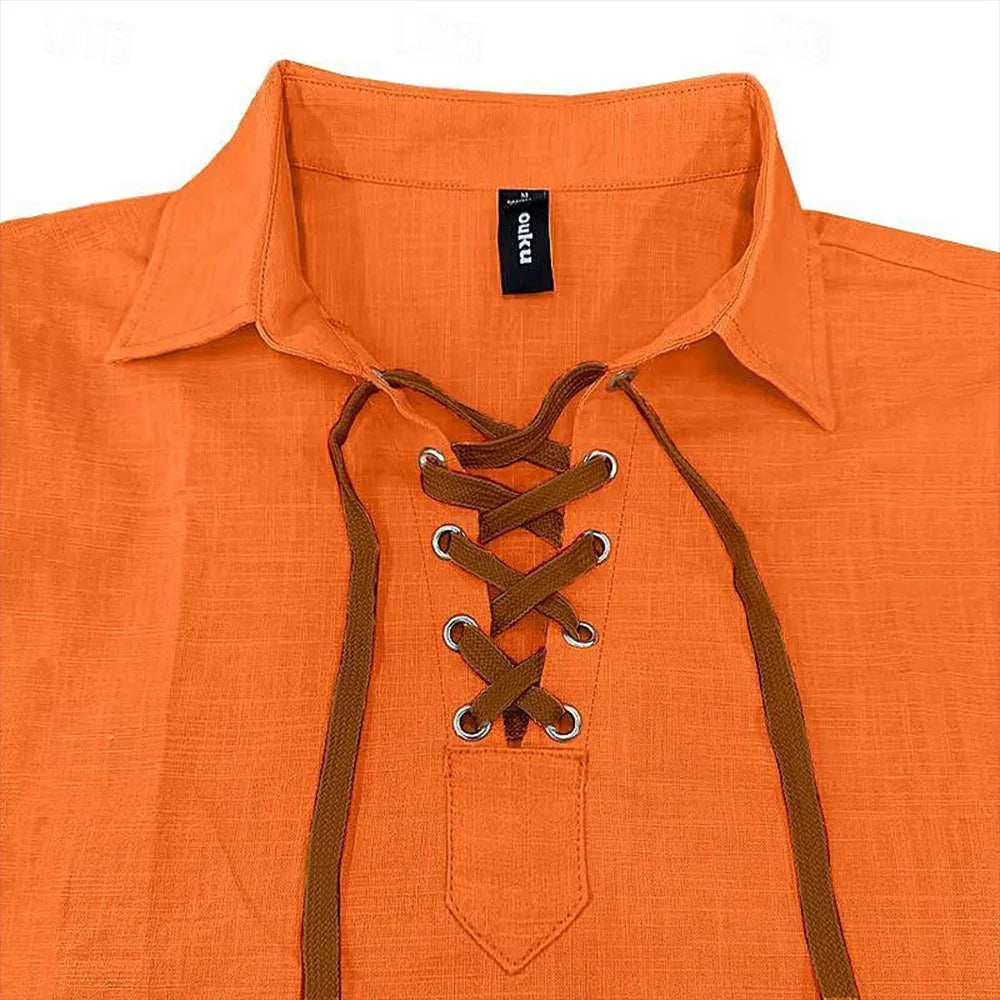 👕🪵 Spiritual Abacus – Men’s Renaissance Pirate Shirt - Medieval Viking-Inspired • V-Neck Tie-Up • Cotton Linen Long Sleeve Top