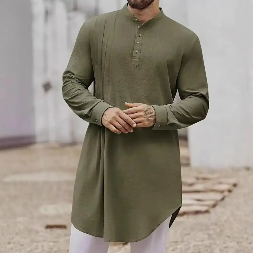 Spiritual Abacus™ Men’s Cotton Linen Kaftan Robe – Long Sleeve Button-Up Thobe for Prayer & Casual Wear