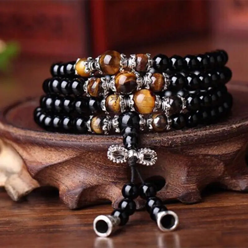 🖤 Spiritual Abacus – 108 Bead Obsidian Mala Bracelet | Om Mani Padme Hum Buddhist Prayer Beads for Men & Women