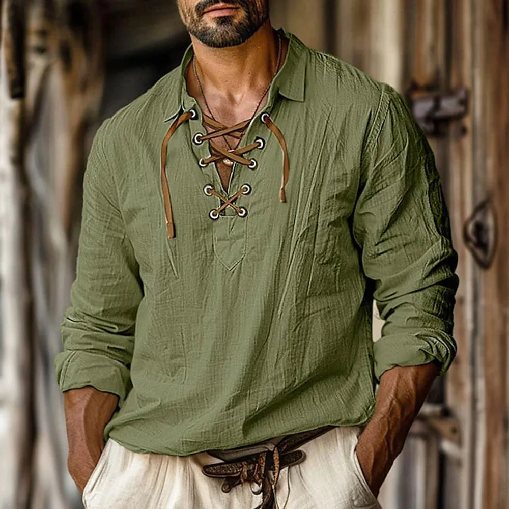 👕🪵 Spiritual Abacus – Men’s Renaissance Pirate Shirt - Medieval Viking-Inspired • V-Neck Tie-Up • Cotton Linen Long Sleeve Top