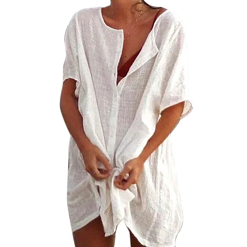 👒🏖️ Spiritual Abacus – Cotton Linen Beach Cover-Up Blouse - Long Shirt Style • Solid Color • Lightweight Swimsuit
