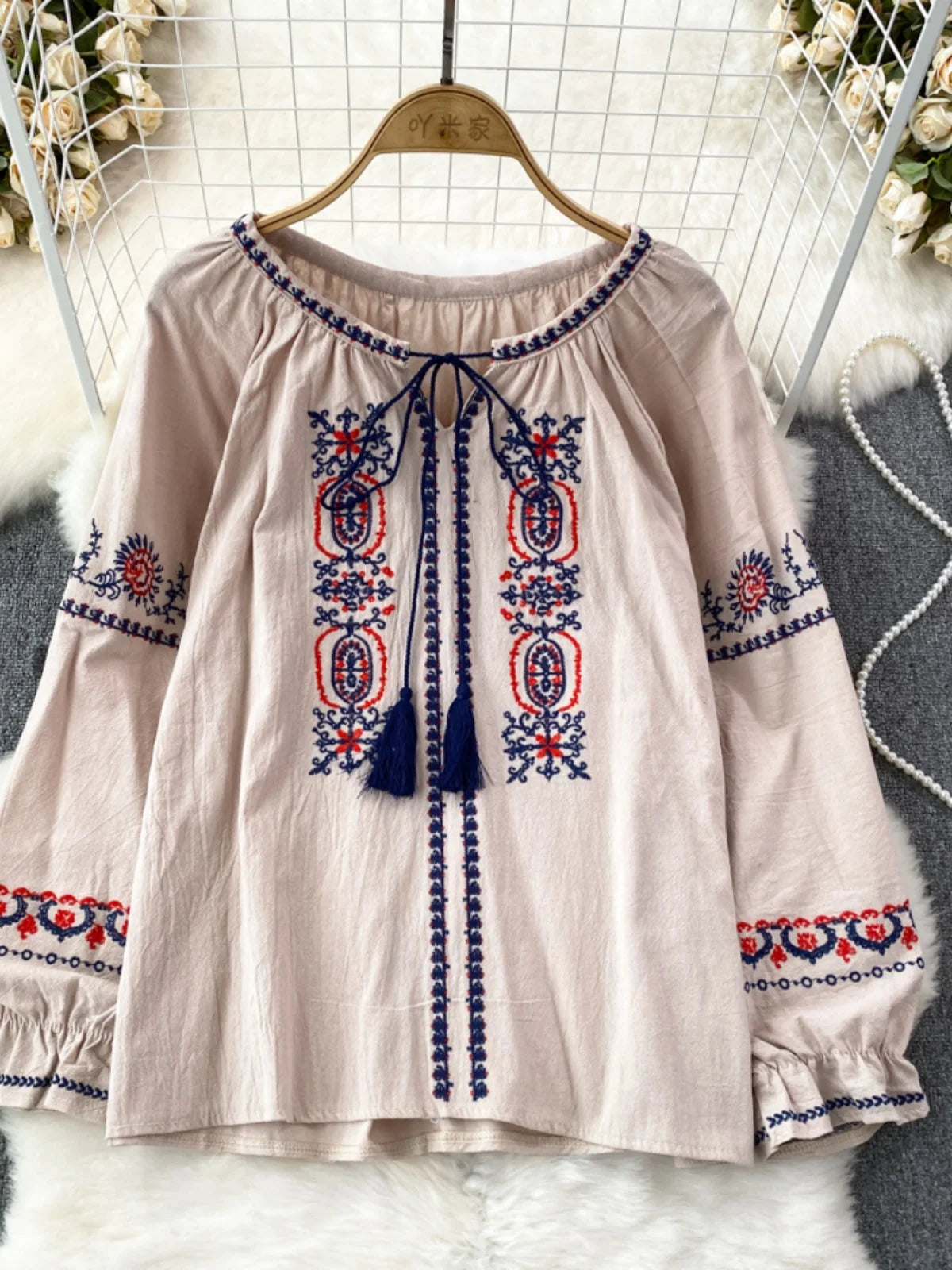 👚Spiritual Abacus – Retro Ethnic Embroidered Cotton Linen Top for Women - Loose Fit • Slimming Cut • Overhead Pullover Style • Spring & Autumn Comfort
