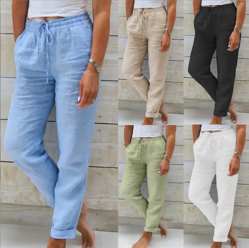 Spiritual Abacus – Cotton Linen High-Waist Summer Pants for Women
Elastic Waist • Solid Color • Casual Streetwear • Loose-Fit Pencil Trousers
