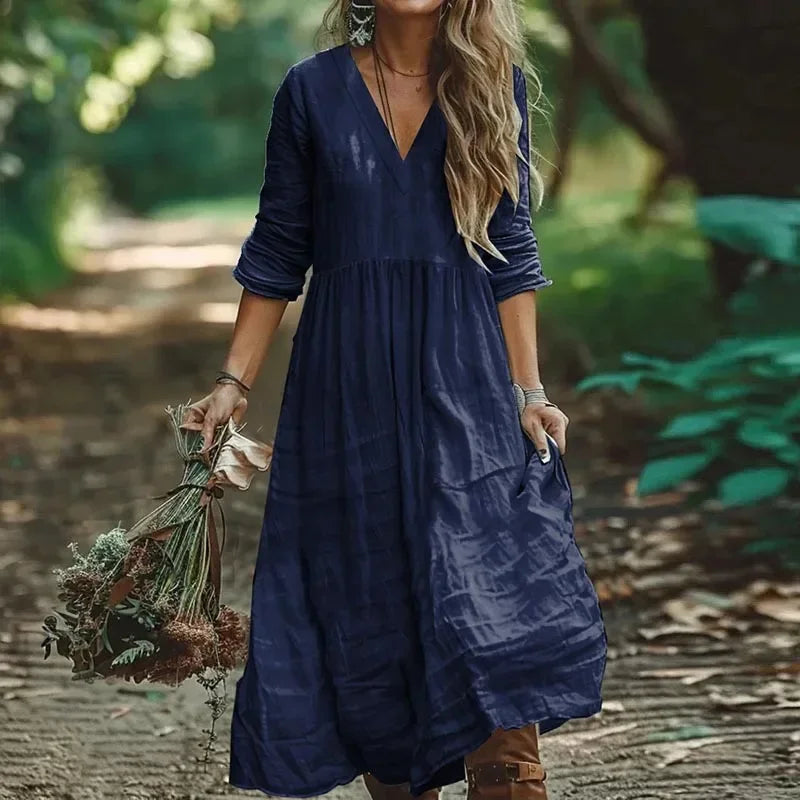 👗🍂 Spiritual Abacus – Cotton Linen V-Neck Maxi Dress for Women - Loose Fit • Long Sleeve • Spring & Autumn Ready • Holiday & Party Dress
