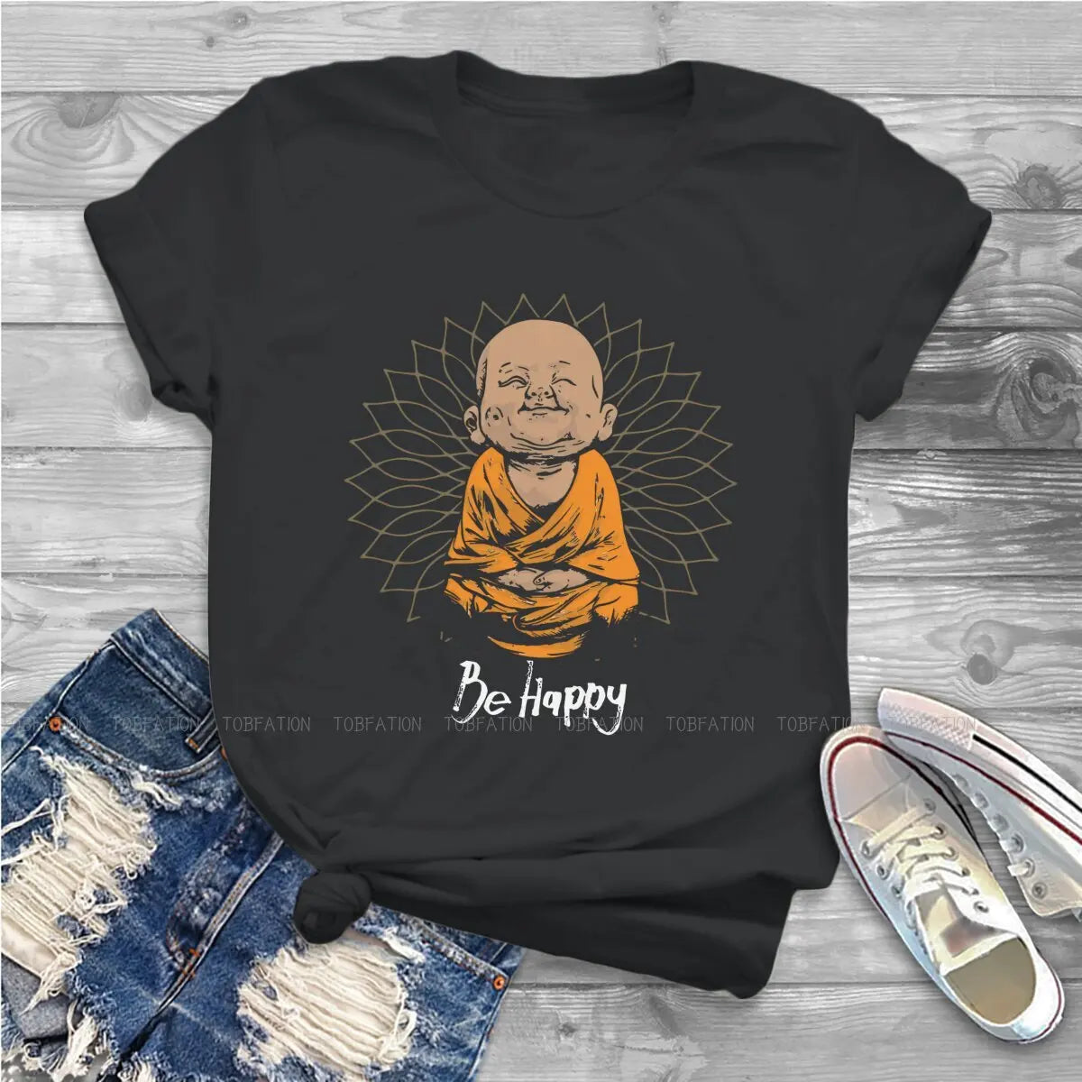 Spiritual Abacus™ “Be Happy” Buddha Graphic T-Shirt – Women’s Cotton Mindful Streetwear Tee