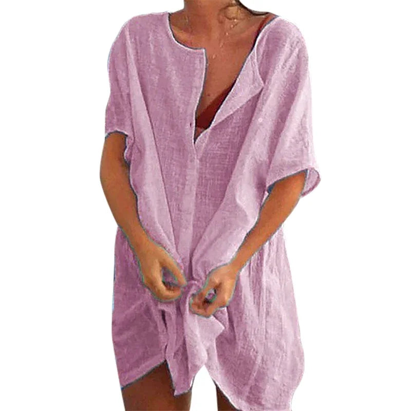 👒🏖️ Spiritual Abacus – Cotton Linen Beach Cover-Up Blouse - Long Shirt Style • Solid Color • Lightweight Swimsuit
