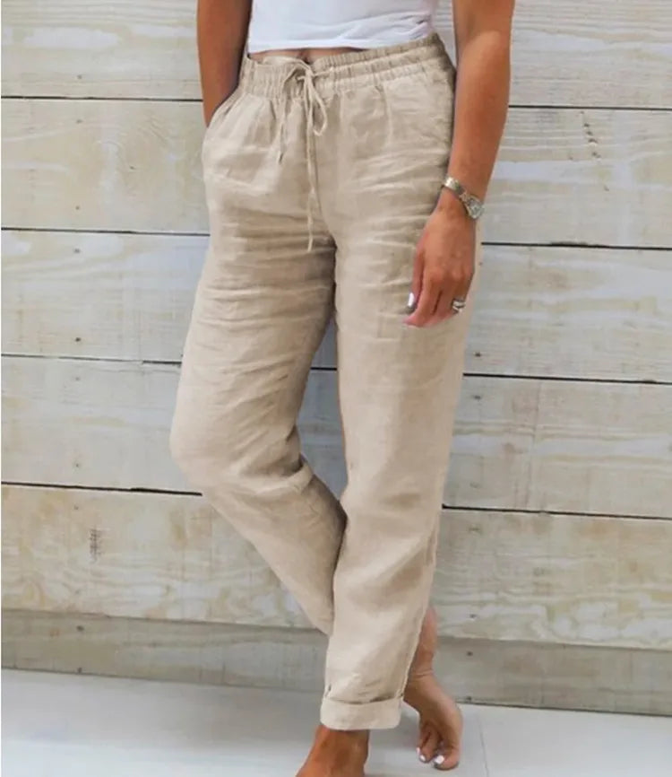 Spiritual Abacus – Cotton Linen High-Waist Summer Pants for Women
Elastic Waist • Solid Color • Casual Streetwear • Loose-Fit Pencil Trousers