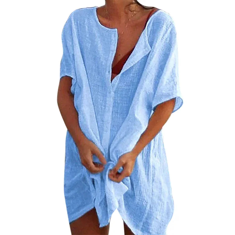 👒🏖️ Spiritual Abacus – Cotton Linen Beach Cover-Up Blouse - Long Shirt Style • Solid Color • Lightweight Swimsuit