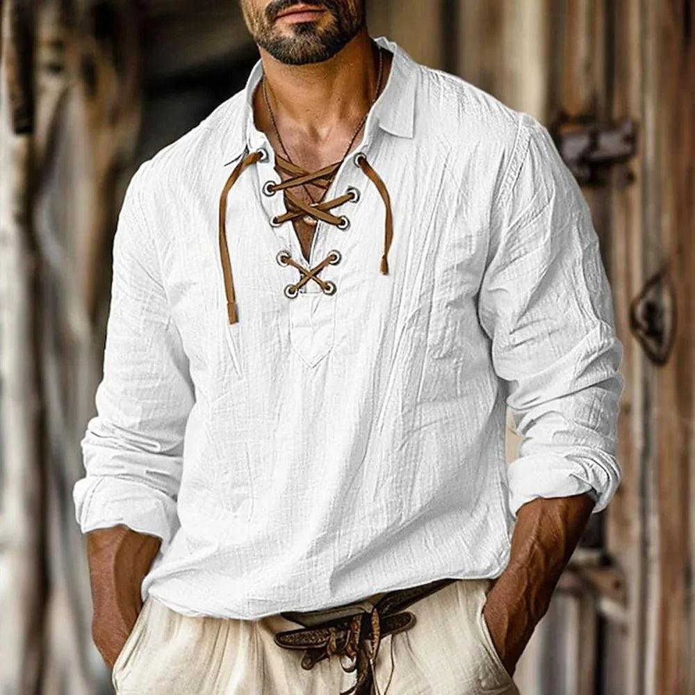 👕🪵 Spiritual Abacus – Men’s Renaissance Pirate Shirt - Medieval Viking-Inspired • V-Neck Tie-Up • Cotton Linen Long Sleeve Top