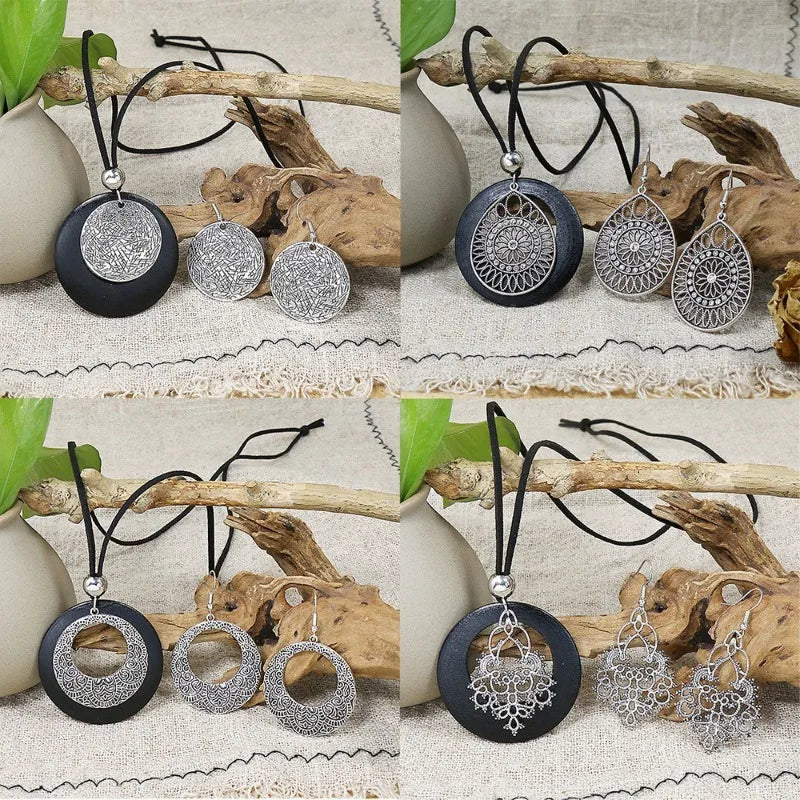 💎 Spiritual Abacus Ethnic Bohemian Vintage Jewelry Set – Silver Color Alloy Necklace & Earrings for Women