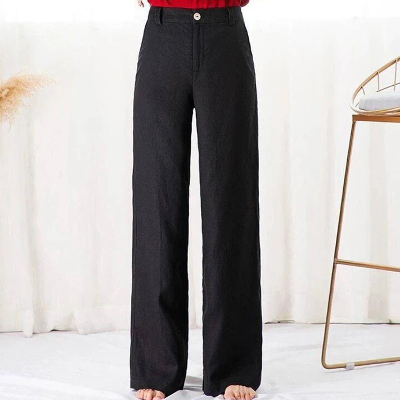 🌿 Spiritual Abacus – Women's High-Waist Cotton Linen Beach Pants - Loose Fit • Wide-Leg • Korean-Inspired Boho Trousers in Black & White