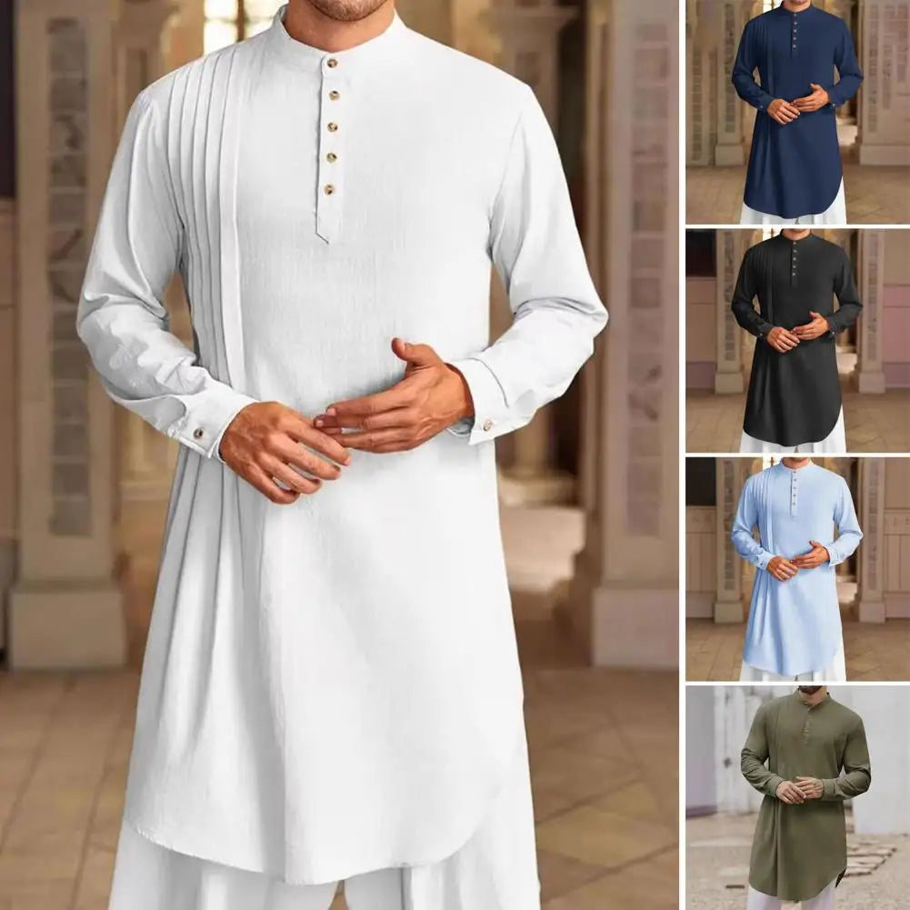 Spiritual Abacus™ Men’s Cotton Linen Kaftan Robe – Long Sleeve Button-Up Thobe for Prayer & Casual Wear
