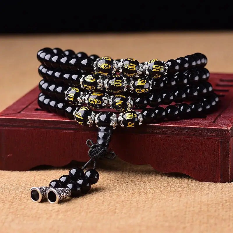 🖤 Spiritual Abacus – 108 Bead Obsidian Mala Bracelet | Om Mani Padme Hum Buddhist Prayer Beads for Men & Women
