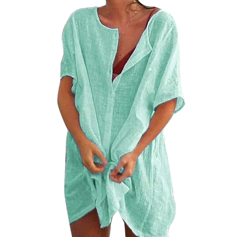 👒🏖️ Spiritual Abacus – Cotton Linen Beach Cover-Up Blouse - Long Shirt Style • Solid Color • Lightweight Swimsuit