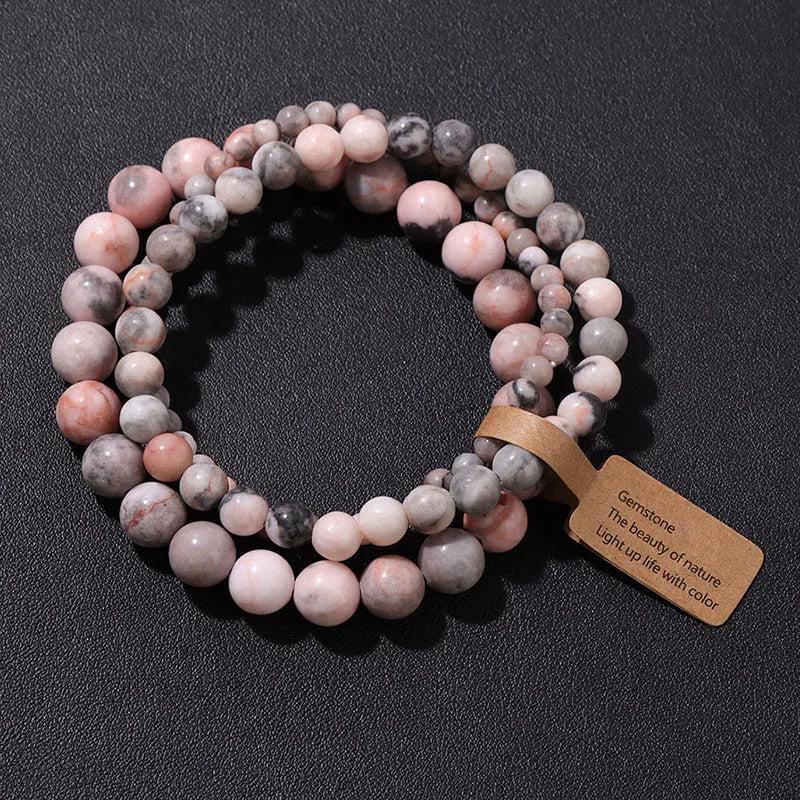 🎀 Spiritual Abacus Pink Zebra & Mixed Natural Stone Bracelet Set 4mm–8mm Beads