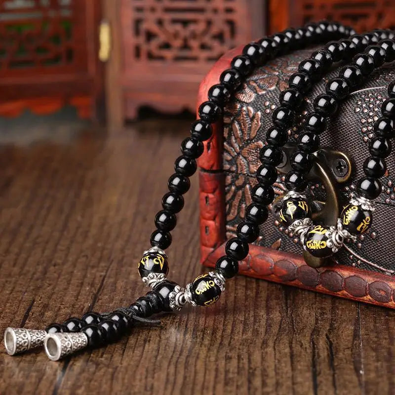 🖤 Spiritual Abacus – 108 Bead Obsidian Mala Bracelet | Om Mani Padme Hum Buddhist Prayer Beads for Men & Women