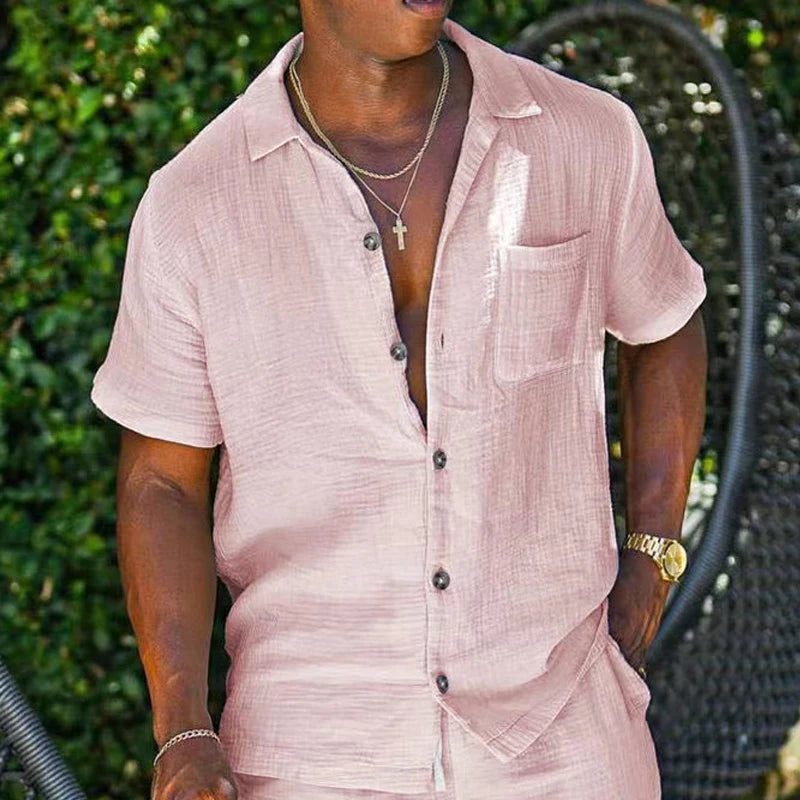 Spiritual Abacus™ Men’s Cotton Linen 2-Piece Summer Set – Short-Sleeve Shirt & Shorts Casual Outfit