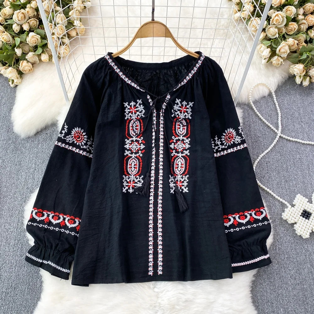 👚Spiritual Abacus – Retro Ethnic Embroidered Cotton Linen Top for Women - Loose Fit • Slimming Cut • Overhead Pullover Style • Spring & Autumn Comfort