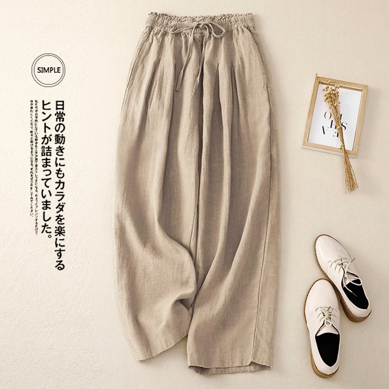 ✨ Spiritual Abacus – Women's High-Waisted Cotton Linen Wide-Leg Pants - Solid Color • Loose Fit • Summer Belted Trousers • Korean-Inspired Minimalist Style