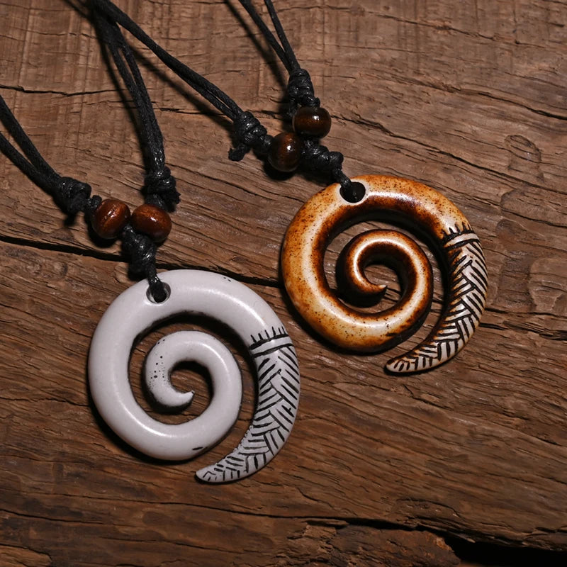 🌿 Spiritual Abacus Māori Spiral Koru Necklace – Tribal Style Imitation Yak Bone Pendant Amulet
