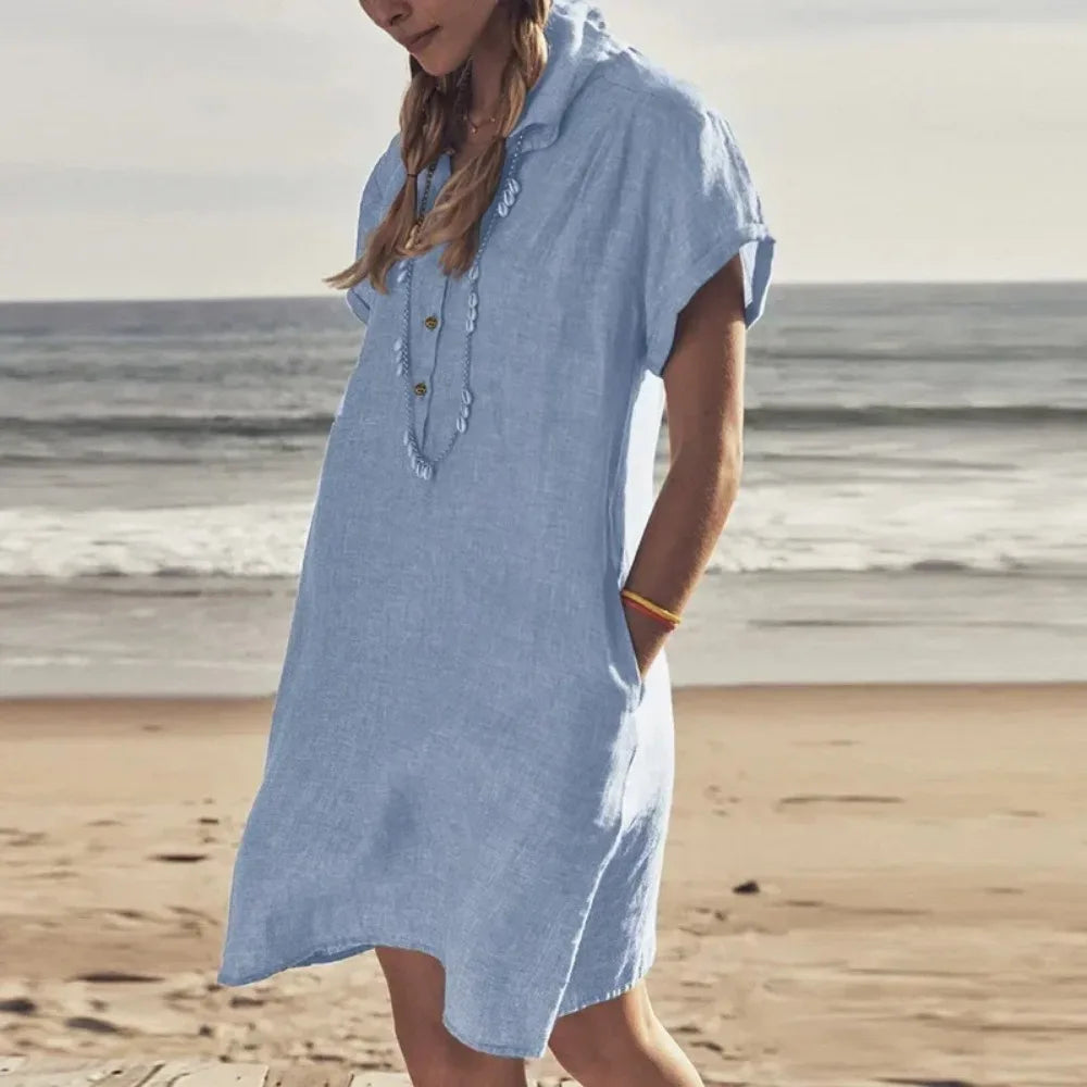 👗 Plus Size Cotton & Linen Summer Button Dress (L–5XL)
Short Sleeve • Lapel Collar • Solid Color • Loose Fit with Pockets