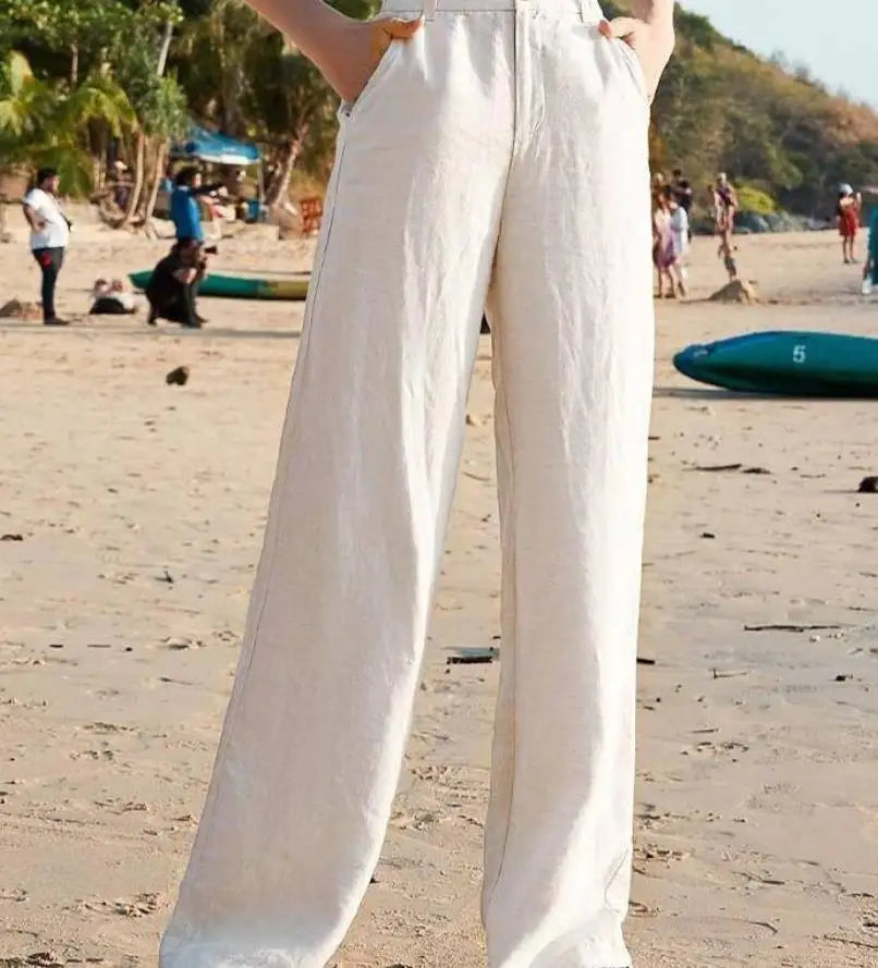 🌿 Spiritual Abacus – Women's High-Waist Cotton Linen Beach Pants - Loose Fit • Wide-Leg • Korean-Inspired Boho Trousers in Black & White