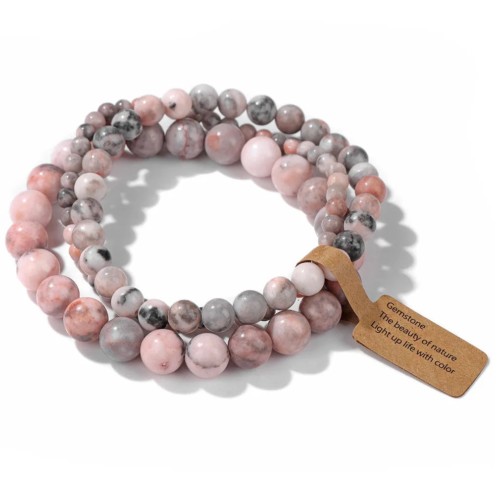 🎀 Spiritual Abacus Pink Zebra & Mixed Natural Stone Bracelet Set 4mm–8mm Beads
