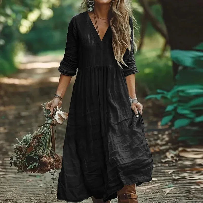 👗🍂 Spiritual Abacus – Cotton Linen V-Neck Maxi Dress for Women - Loose Fit • Long Sleeve • Spring & Autumn Ready • Holiday & Party Dress