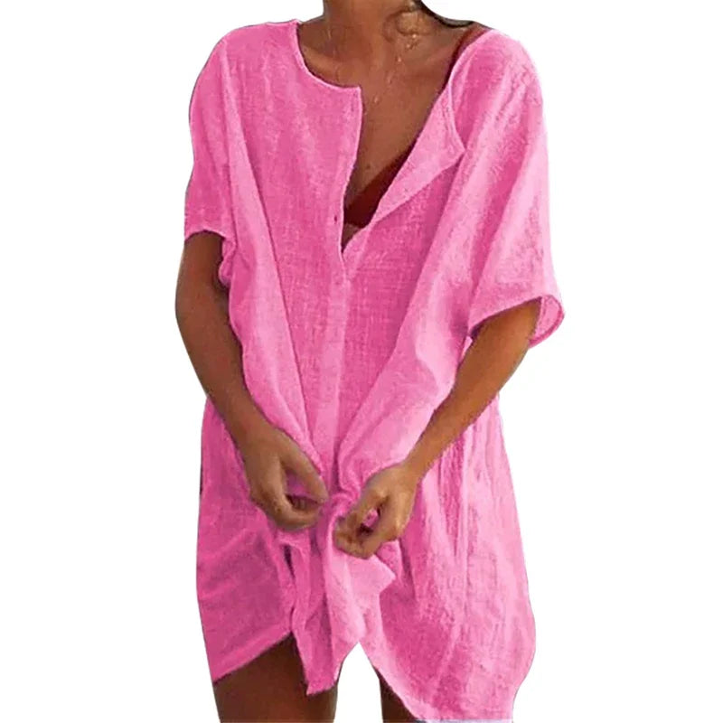 👒🏖️ Spiritual Abacus – Cotton Linen Beach Cover-Up Blouse - Long Shirt Style • Solid Color • Lightweight Swimsuit