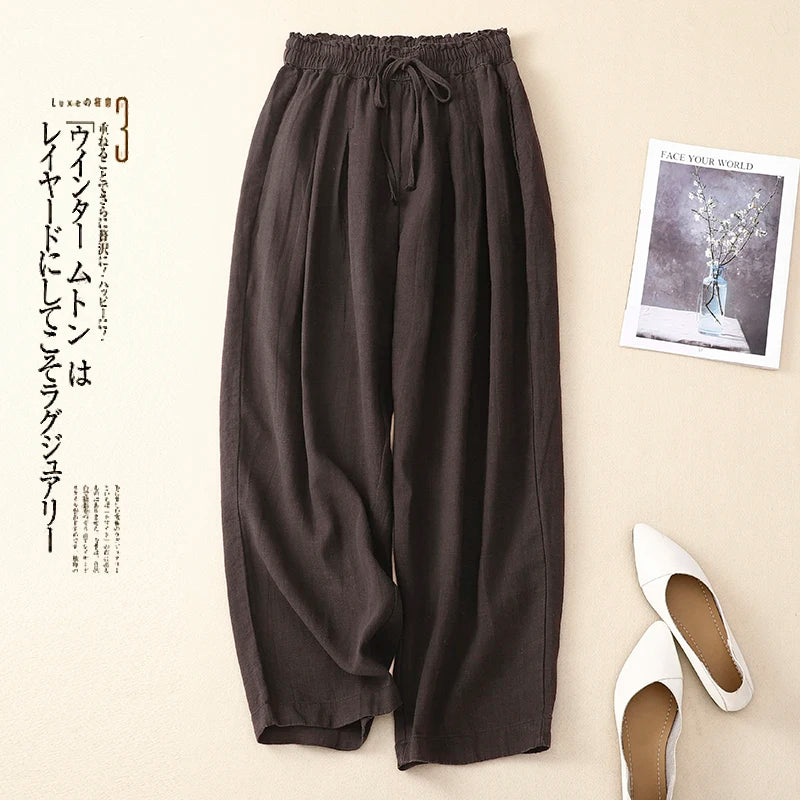 ✨ Spiritual Abacus – Women's High-Waisted Cotton Linen Wide-Leg Pants - Solid Color • Loose Fit • Summer Belted Trousers • Korean-Inspired Minimalist Style