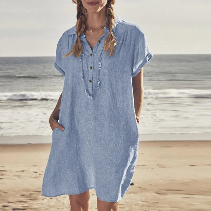 👗 Plus Size Cotton & Linen Summer Button Dress (L–5XL)
Short Sleeve • Lapel Collar • Solid Color • Loose Fit with Pockets