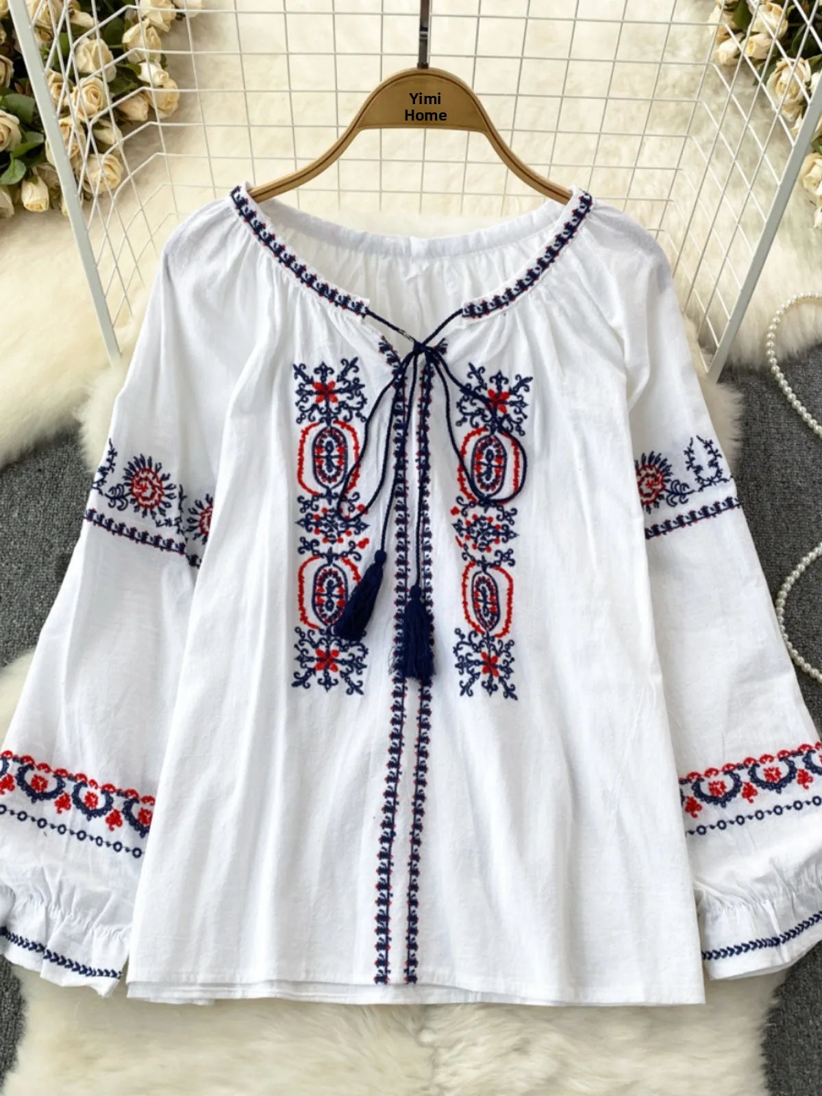 👚Spiritual Abacus – Retro Ethnic Embroidered Cotton Linen Top for Women - Loose Fit • Slimming Cut • Overhead Pullover Style • Spring & Autumn Comfort