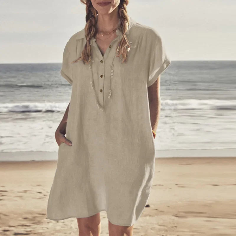 👗 Plus Size Cotton & Linen Summer Button Dress (L–5XL)
Short Sleeve • Lapel Collar • Solid Color • Loose Fit with Pockets