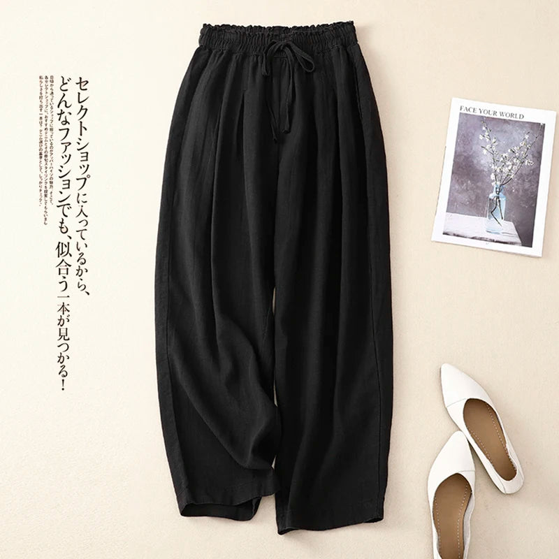 ✨ Spiritual Abacus – Women's High-Waisted Cotton Linen Wide-Leg Pants - Solid Color • Loose Fit • Summer Belted Trousers • Korean-Inspired Minimalist Style