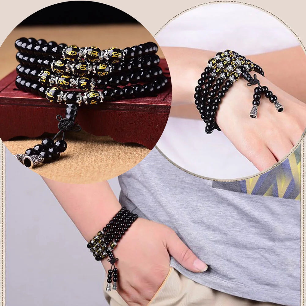 🖤 Spiritual Abacus – 108 Bead Obsidian Mala Bracelet | Om Mani Padme Hum Buddhist Prayer Beads for Men & Women