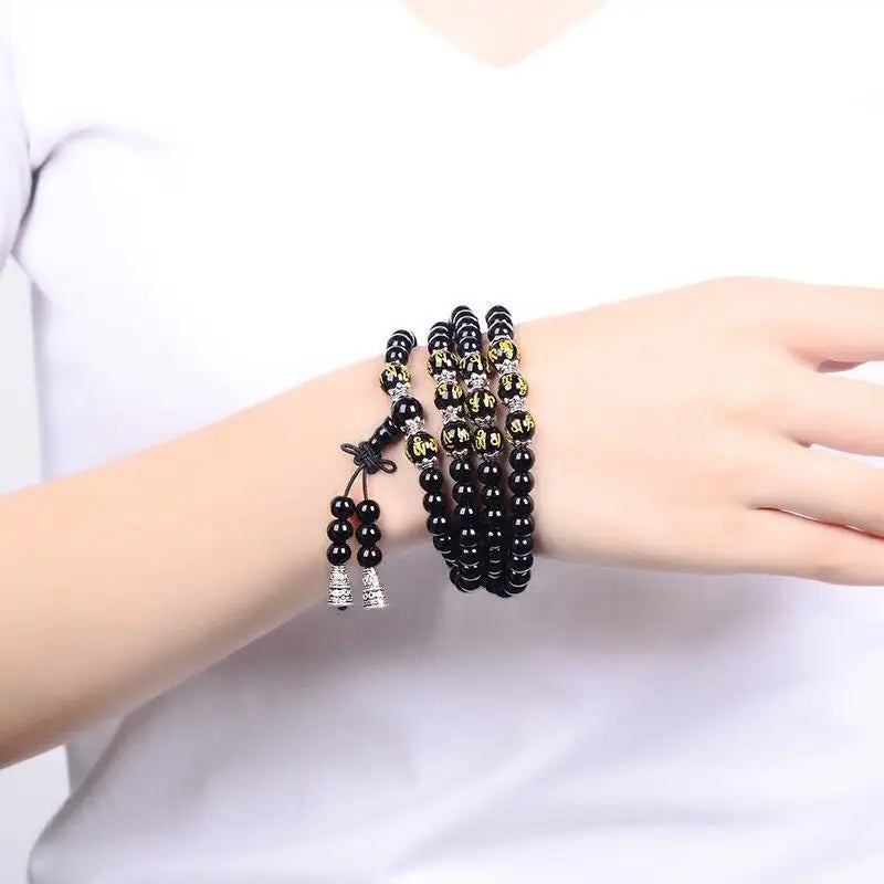 🖤 Spiritual Abacus – 108 Bead Obsidian Mala Bracelet | Om Mani Padme Hum Buddhist Prayer Beads for Men & Women