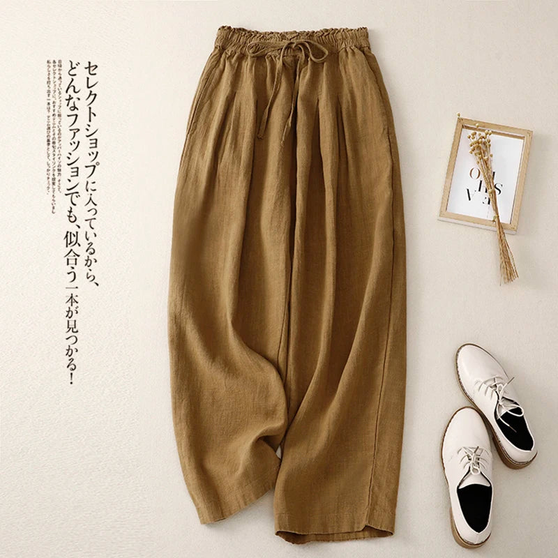 ✨ Spiritual Abacus – Women's High-Waisted Cotton Linen Wide-Leg Pants - Solid Color • Loose Fit • Summer Belted Trousers • Korean-Inspired Minimalist Style