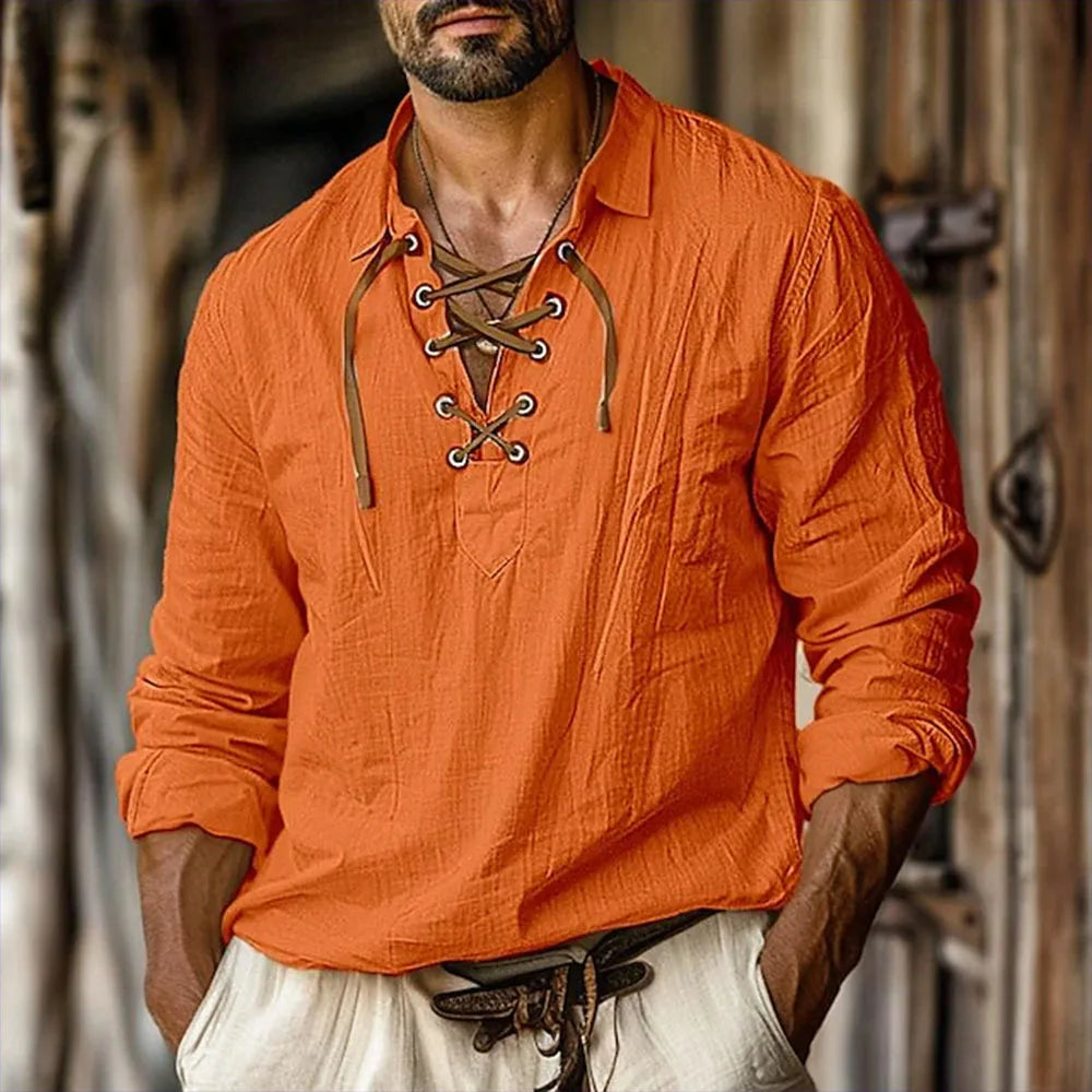 👕🪵 Spiritual Abacus – Men’s Renaissance Pirate Shirt - Medieval Viking-Inspired • V-Neck Tie-Up • Cotton Linen Long Sleeve Top