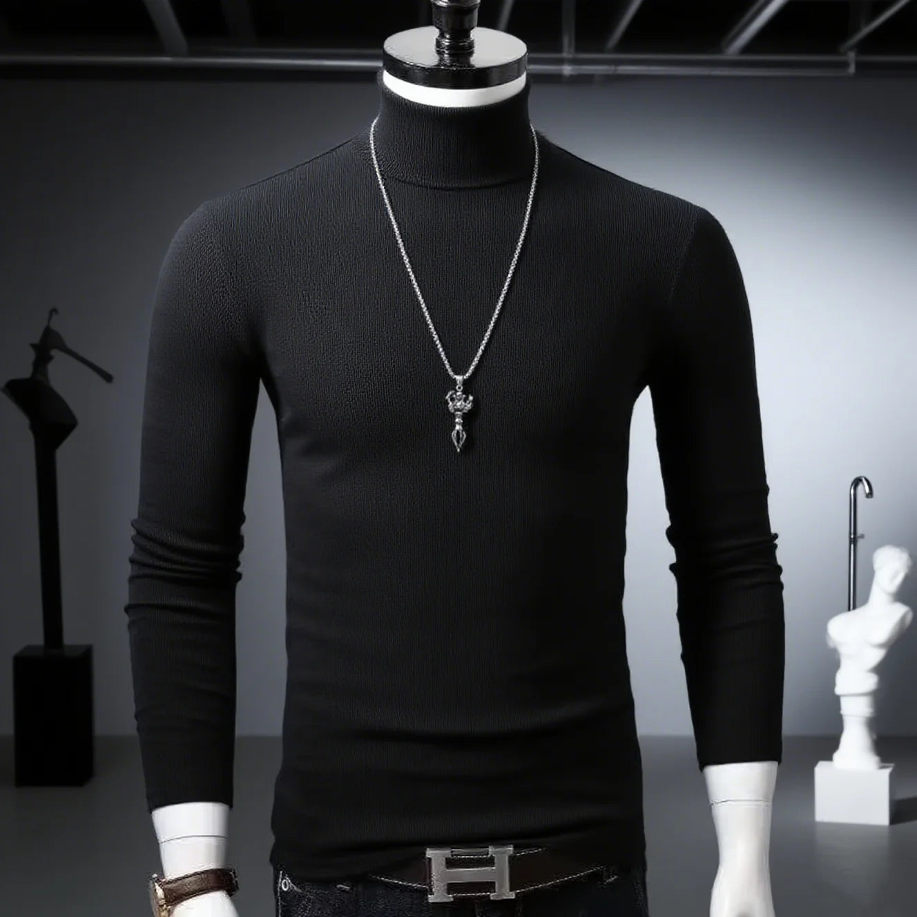 Spiritual Abacus™ Men’s Slim Fit Turtleneck Shirt – Solid Black Long Sleeve Fall/Winter Innerwear