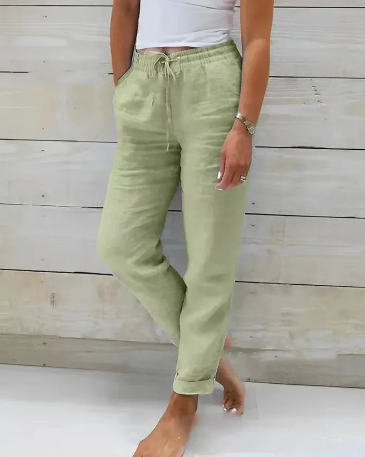 Spiritual Abacus – Cotton Linen High-Waist Summer Pants for Women
Elastic Waist • Solid Color • Casual Streetwear • Loose-Fit Pencil Trousers