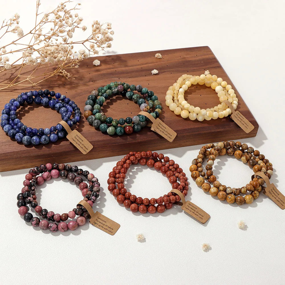 🎀 Spiritual Abacus Pink Zebra & Mixed Natural Stone Bracelet Set 4mm–8mm Beads