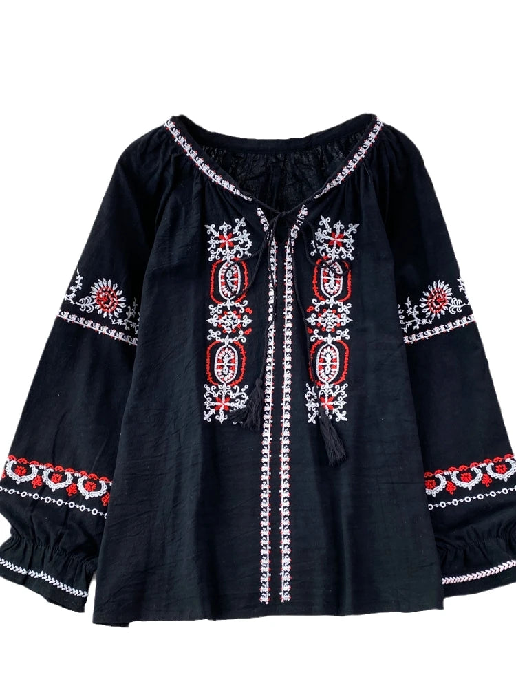 👚Spiritual Abacus – Retro Ethnic Embroidered Cotton Linen Top for Women - Loose Fit • Slimming Cut • Overhead Pullover Style • Spring & Autumn Comfort