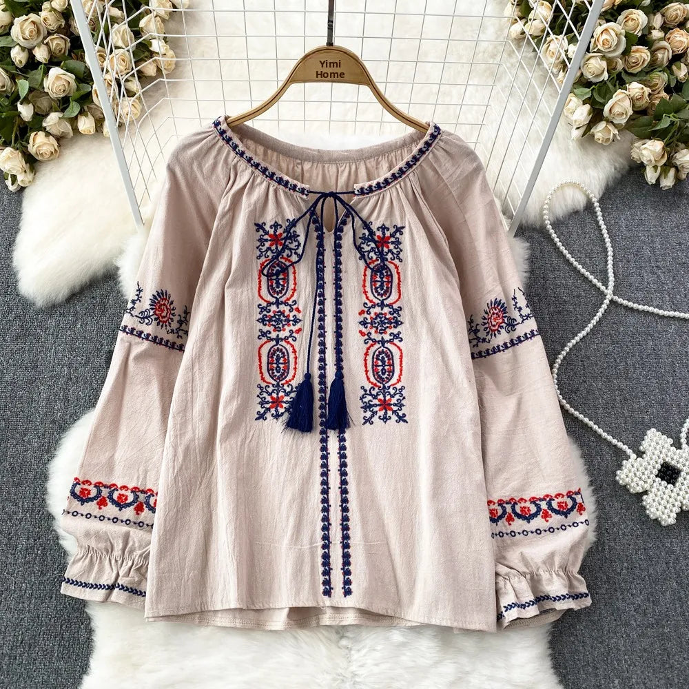 👚Spiritual Abacus – Retro Ethnic Embroidered Cotton Linen Top for Women - Loose Fit • Slimming Cut • Overhead Pullover Style • Spring & Autumn Comfort
