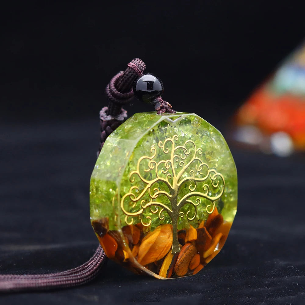 🌳 Spiritual Abacus Tree of Life Orgonite Pendant – Olivine & Tiger Eye Chakra Energy Necklace