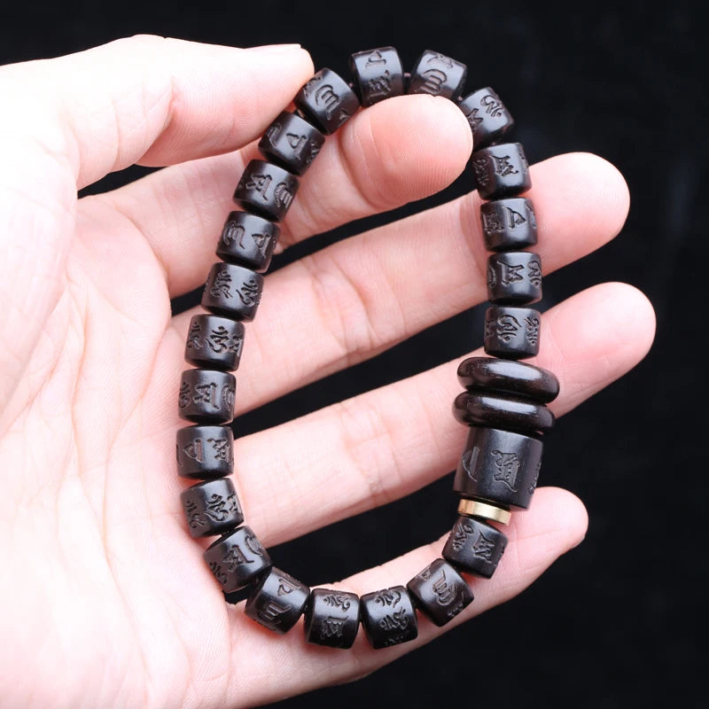 Spiritual Abacus Natural Ebony 108 Mala Beads – Tibetan Six-Character Mantra Turning Wheel Rosary Necklace